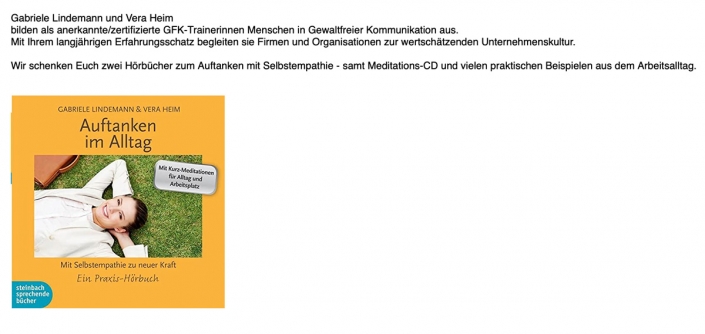 Gabriele Lindemann & Vera Heim: Wir schenken Euch zwei Hörbücher zum Auftanken mit Selbstempathie – samt Meditations-CD und vielen praktischen Beispielen aus dem Arbeitsalltag Gabriele Lindemann & Vera Heim: Wir schenken Euch zwei Hörbücher zum Auftanken mit Selbstempathie - samt Meditations-CD und vielen praktischen Beispielen aus dem Arbeitsalltag