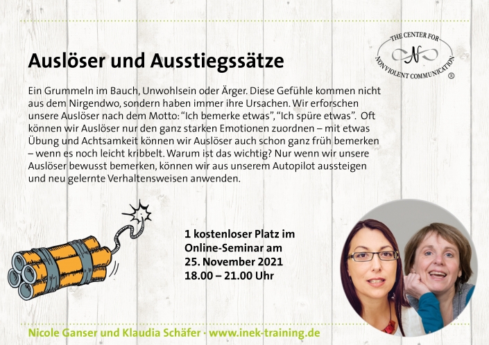 Nicole Ganser und Klaudia Schäfer: einen kostenlosen Platz beim Workshop „Auslöser und Ausstiegssätze“ am 25. November Nicole Ganser und Klaudia Schäfer: einen kostenlosen Platz beim Workshop "Auslöser und Ausstiegssätze" am 25. November