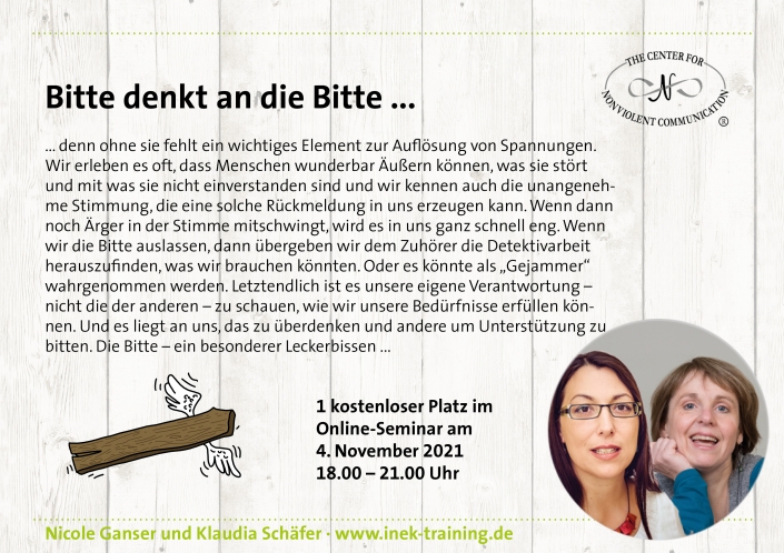 Klaudia Schäfer und Nicole Ganser: einen kostenlosen Platz beim Workshop "Bitte denkt an die Bitte" am 4. November