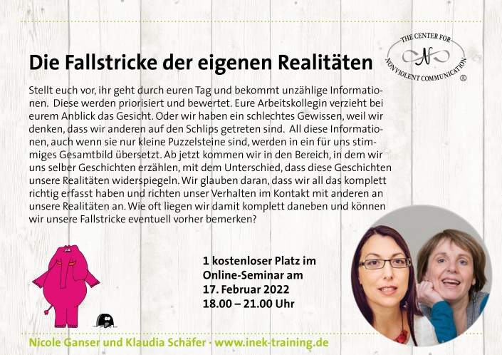 Klaudia Schäfer und Nicole Ganser: einen kostenlosen Platz beim Workshop „Die Fallstricke der eigenen Realitäten“ am 17. Februar Klaudia Schäfer und Nicole Ganser: einen kostenlosen Platz beim Workshop "Die Fallstricke der eigenen Realitäten" am 17. Februar
