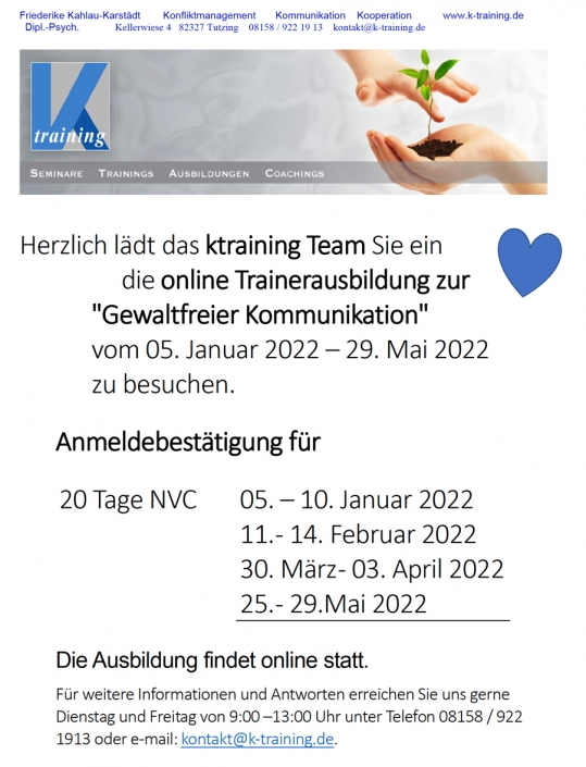Friederike Kahlau-Karstädt: Gerne geben wir einen Platz in unserer online TrainerInnenausbildung in Gewaltfreier Kommunikation Friederike Kahlau-Karstädt: Gerne geben wir einen Platz in unserer online TrainerInnenausbildung in Gewaltfreier Kommunikation